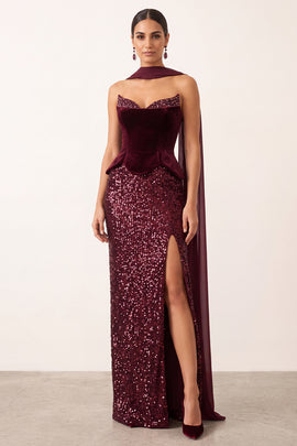 Sparkly Sequin Burgundy Velvet Sheath Sweetheart Long Holiday Party Dress with Slit