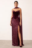 Sparkly Sequin Burgundy Velvet Sheath Sweetheart Long Holiday Party Dress with Slit