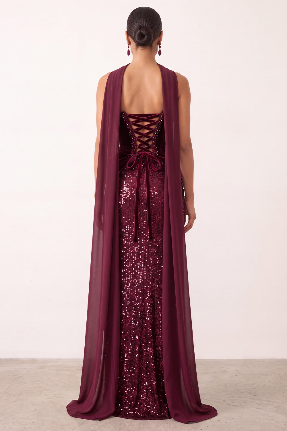 Sparkly Sequin Burgundy Velvet Sheath Sweetheart Long Holiday Party Dress with Slit