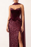 Sparkly Sequin Burgundy Velvet Sheath Sweetheart Long Holiday Party Dress with Slit