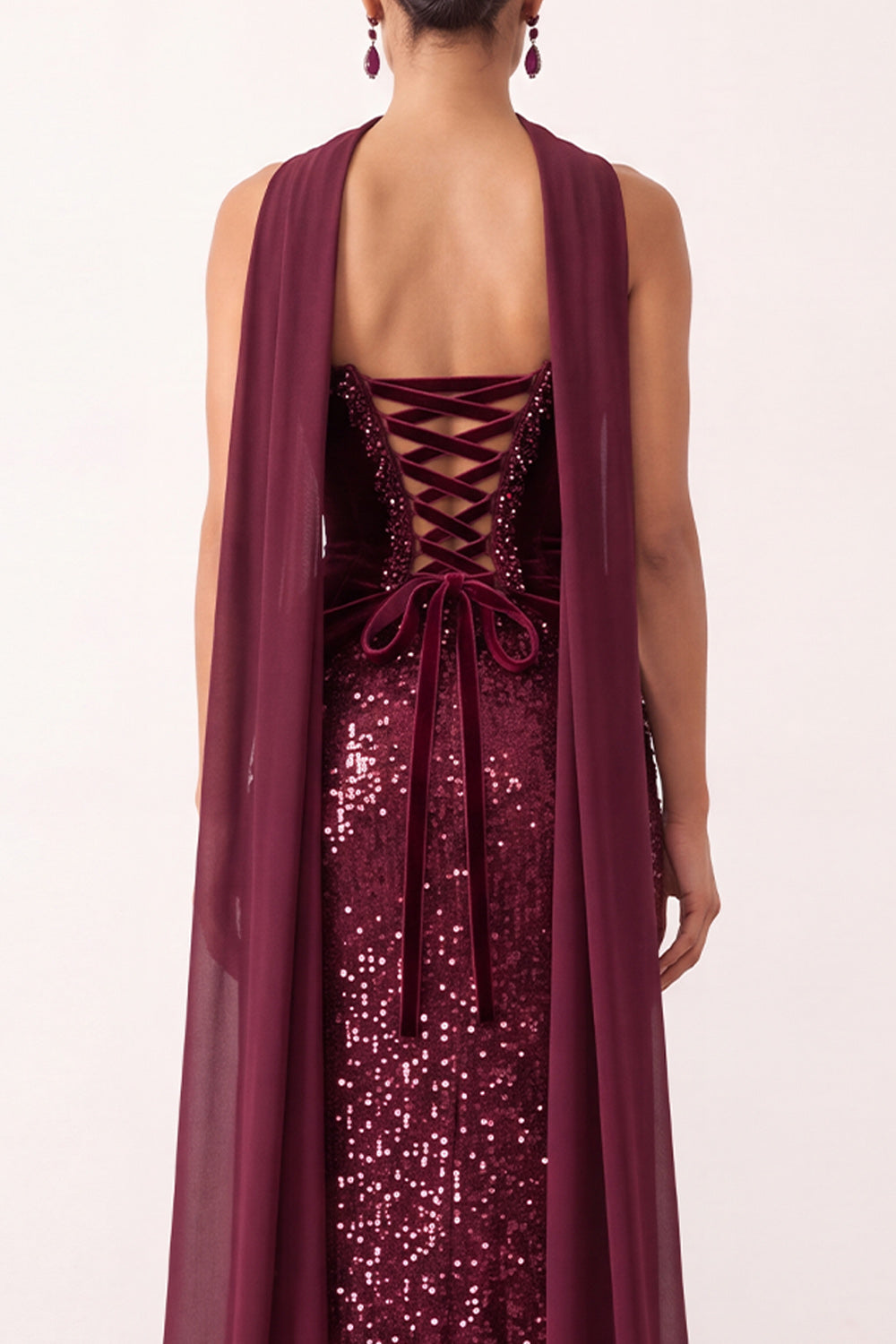 Sparkly Sequin Burgundy Velvet Sheath Sweetheart Long Holiday Party Dress with Slit