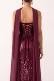 Sparkly Sequin Burgundy Velvet Sheath Sweetheart Long Holiday Party Dress with Slit