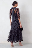 Black Floral Ruffled Round Neck 3/4 Sleeves Maxi Holiday Party Dress with Neck Scarf