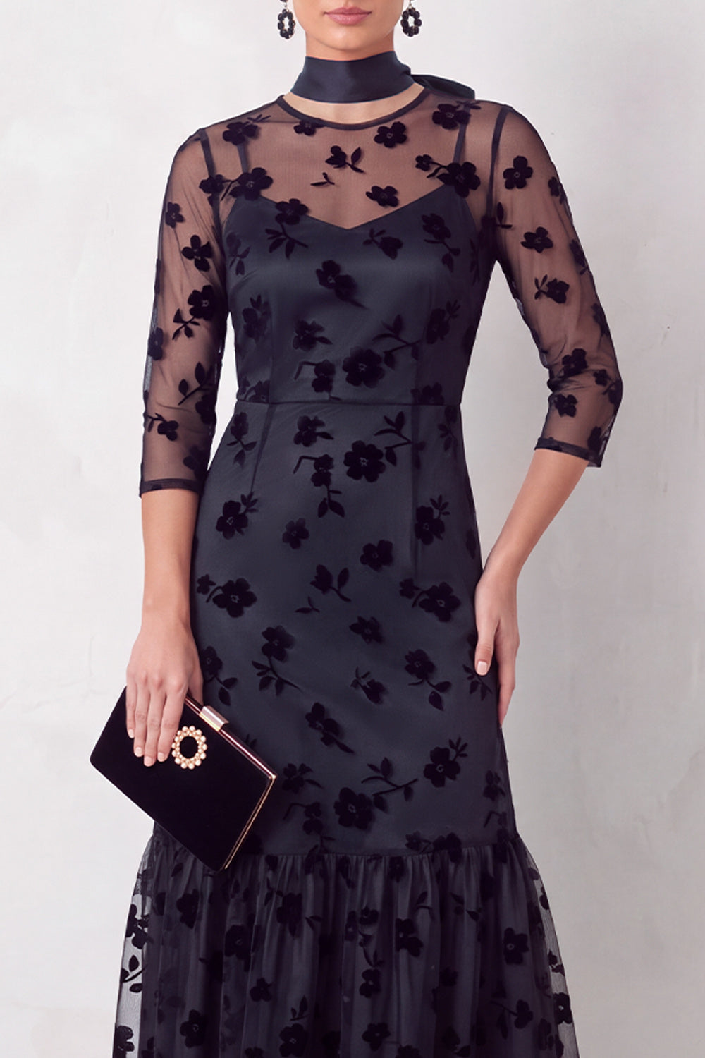 Black Floral Ruffled Round Neck 3/4 Sleeves Maxi Holiday Party Dress with Neck Scarf