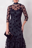 Black Floral Ruffled Round Neck 3/4 Sleeves Maxi Holiday Party Dress with Neck Scarf