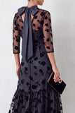 Black Floral Ruffled Round Neck 3/4 Sleeves Maxi Holiday Party Dress with Neck Scarf
