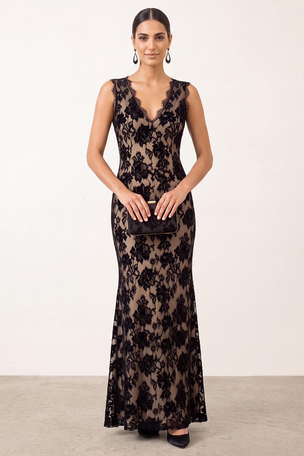 Elegant Black Mermaid V-Neck Lace Floral Maxi Holiday Party Dress