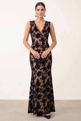 Elegant Black Mermaid V-Neck Lace Floral Maxi Holiday Party Dress