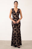 Elegant Black Mermaid V-Neck Lace Floral Maxi Holiday Party Dress