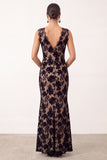 Elegant Black Mermaid V-Neck Lace Floral Maxi Holiday Party Dress