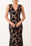 Elegant Black Mermaid V-Neck Lace Floral Maxi Holiday Party Dress