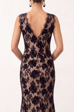 Elegant Black Mermaid V-Neck Lace Floral Maxi Holiday Party Dress