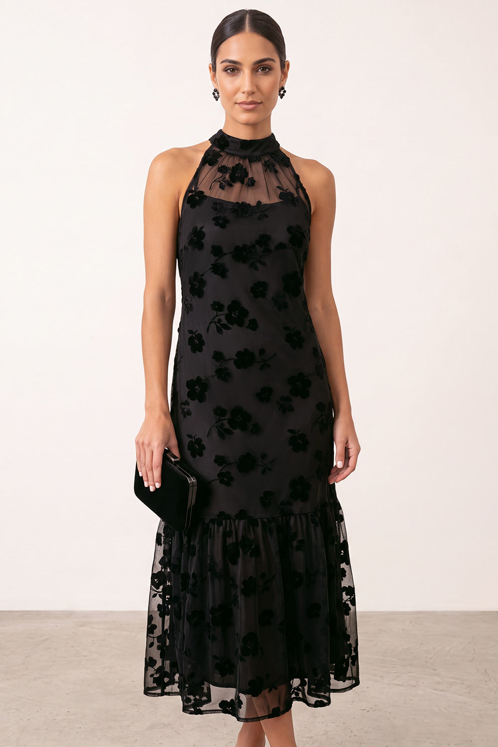 Black Bodycon Halter Floral Ruffled Midi Holiday Party Dress