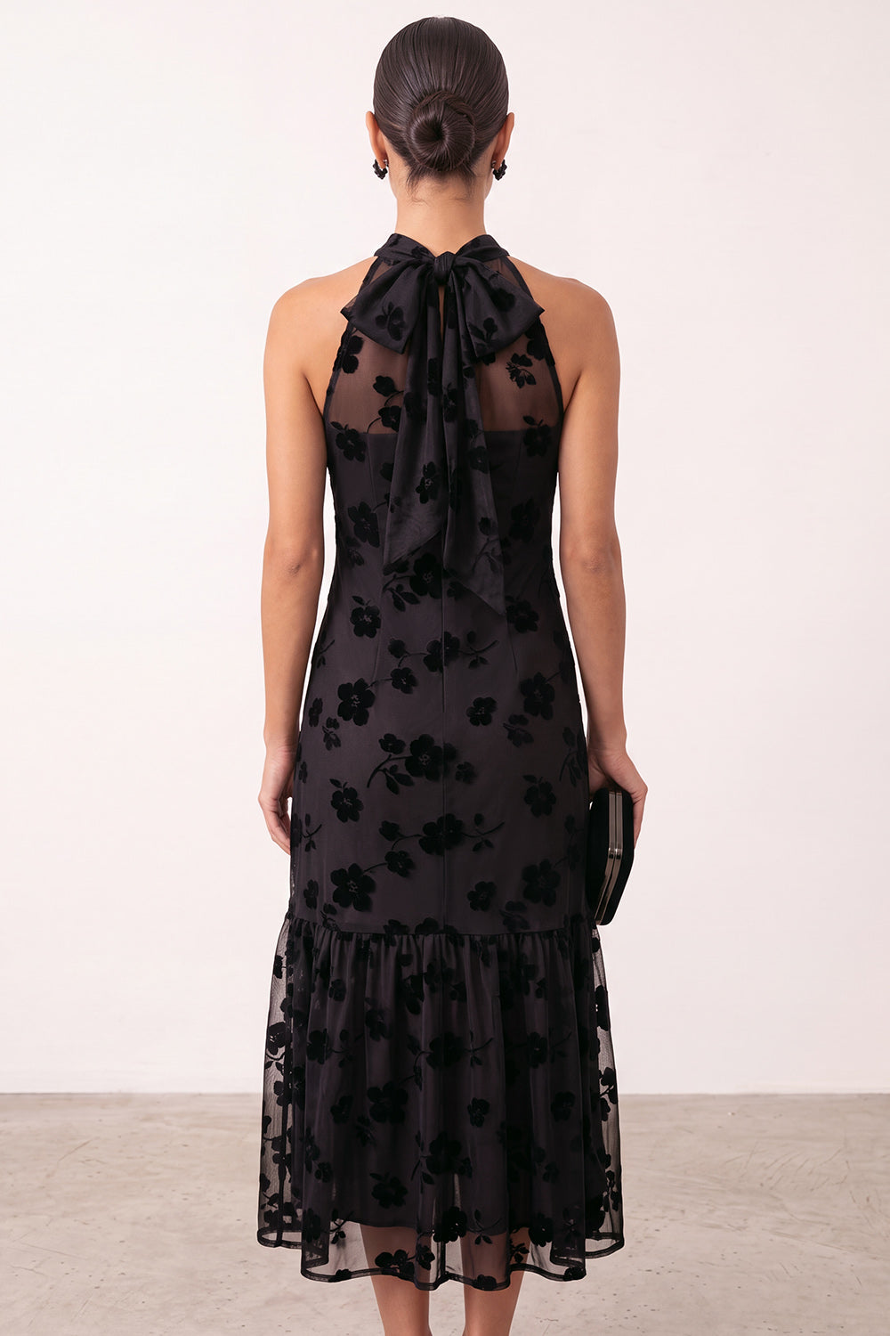 Black Bodycon Halter Floral Ruffled Midi Holiday Party Dress