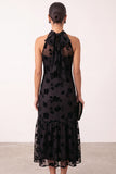 Black Bodycon Halter Floral Ruffled Midi Holiday Party Dress