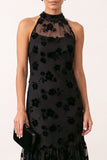 Black Bodycon Halter Floral Ruffled Midi Holiday Party Dress