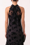 Black Bodycon Halter Floral Ruffled Midi Holiday Party Dress