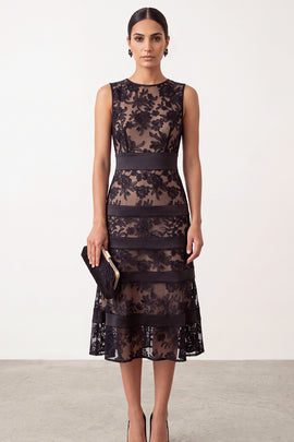 Black Round Neck Bodycon Midi Holiday Party Dress with Embroidery