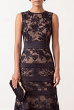 Black Round Neck Bodycon Midi Holiday Party Dress with Embroidery