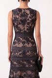 Black Round Neck Bodycon Midi Holiday Party Dress with Embroidery