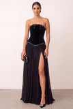 Black Corset Velvet Strapless A Line Long Pearl Holiday Party Dress with Slit