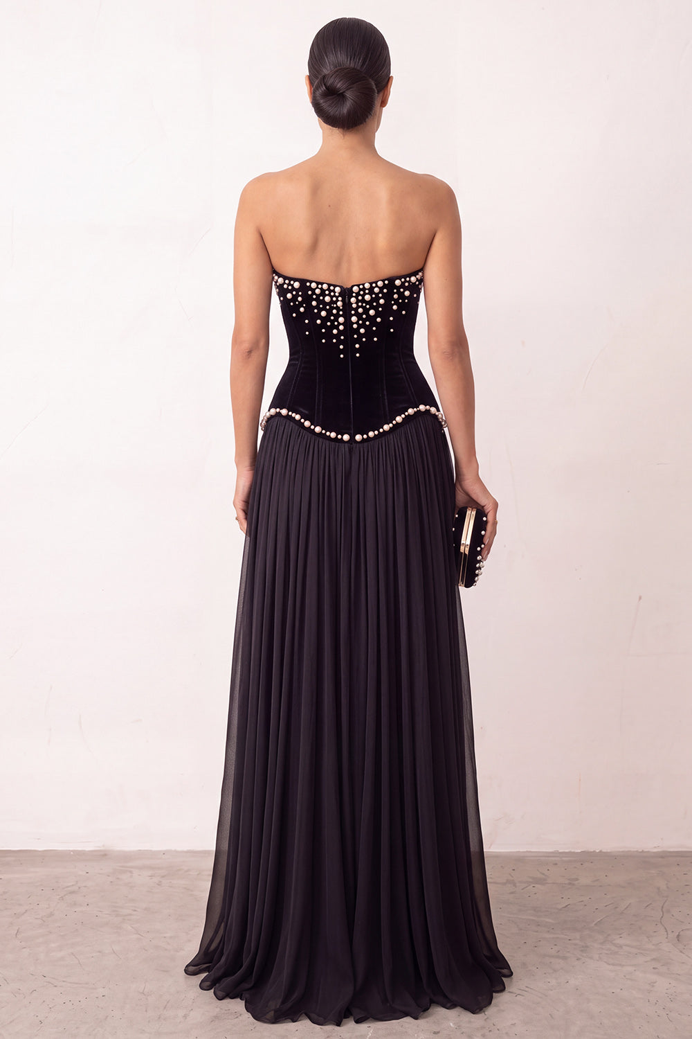 Black Corset Velvet Strapless A Line Long Pearl Holiday Party Dress with Slit