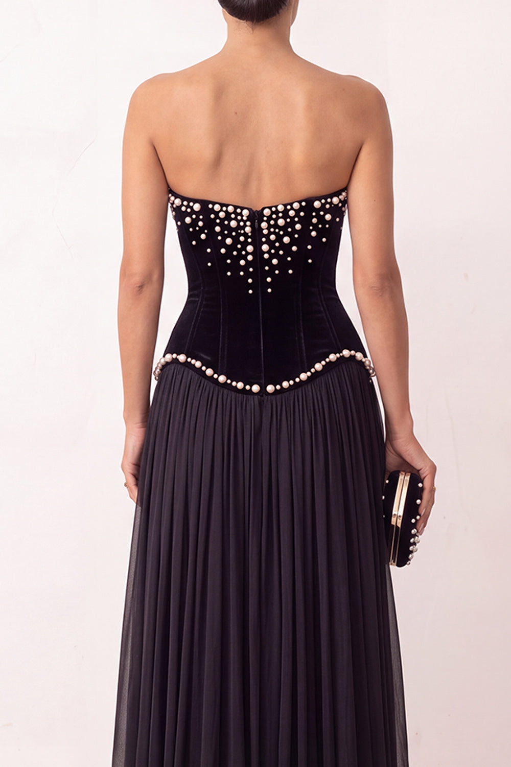 Black Corset Velvet Strapless A Line Long Pearl Holiday Party Dress with Slit