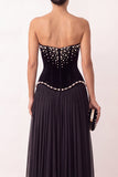 Black Corset Velvet Strapless A Line Long Pearl Holiday Party Dress with Slit