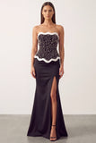 Sparkly Black White Mermaid Satin Long Pearl Holiday Party Dress with Slit