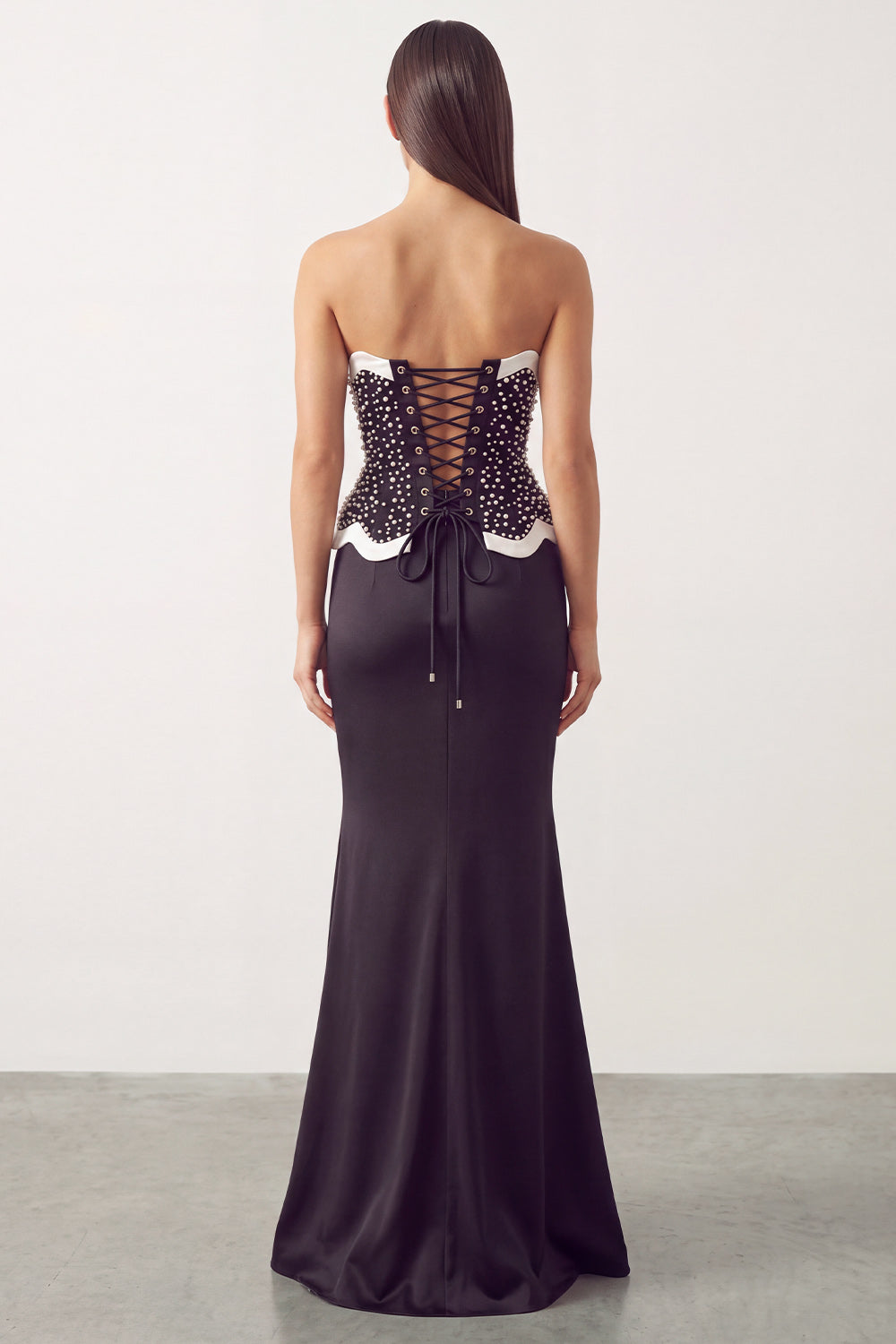 Sparkly Black White Mermaid Satin Long Pearl Holiday Party Dress with Slit