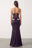 Sparkly Black White Mermaid Satin Long Pearl Holiday Party Dress with Slit