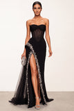 Black Corset Beaded Sheath Sweetheart Long Holiday Party Dress with Slit