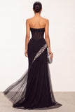 Black Corset Beaded Sheath Sweetheart Long Holiday Party Dress with Slit