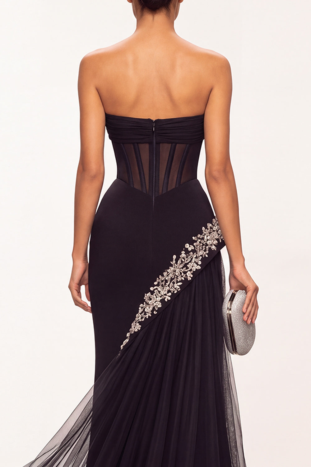 Black Corset Beaded Sheath Sweetheart Long Holiday Party Dress with Slit