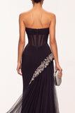 Black Corset Beaded Sheath Sweetheart Long Holiday Party Dress with Slit