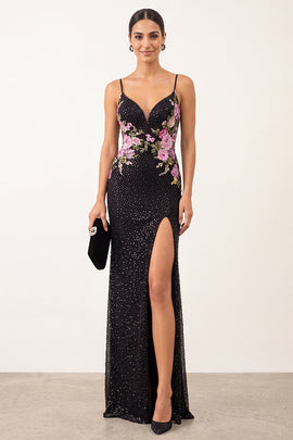 Sparkly Beaded Black Floral Sheath Long Holiday Party Dress with Slit