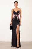 Sparkly Beaded Black Floral Sheath Long Holiday Party Dress with Slit