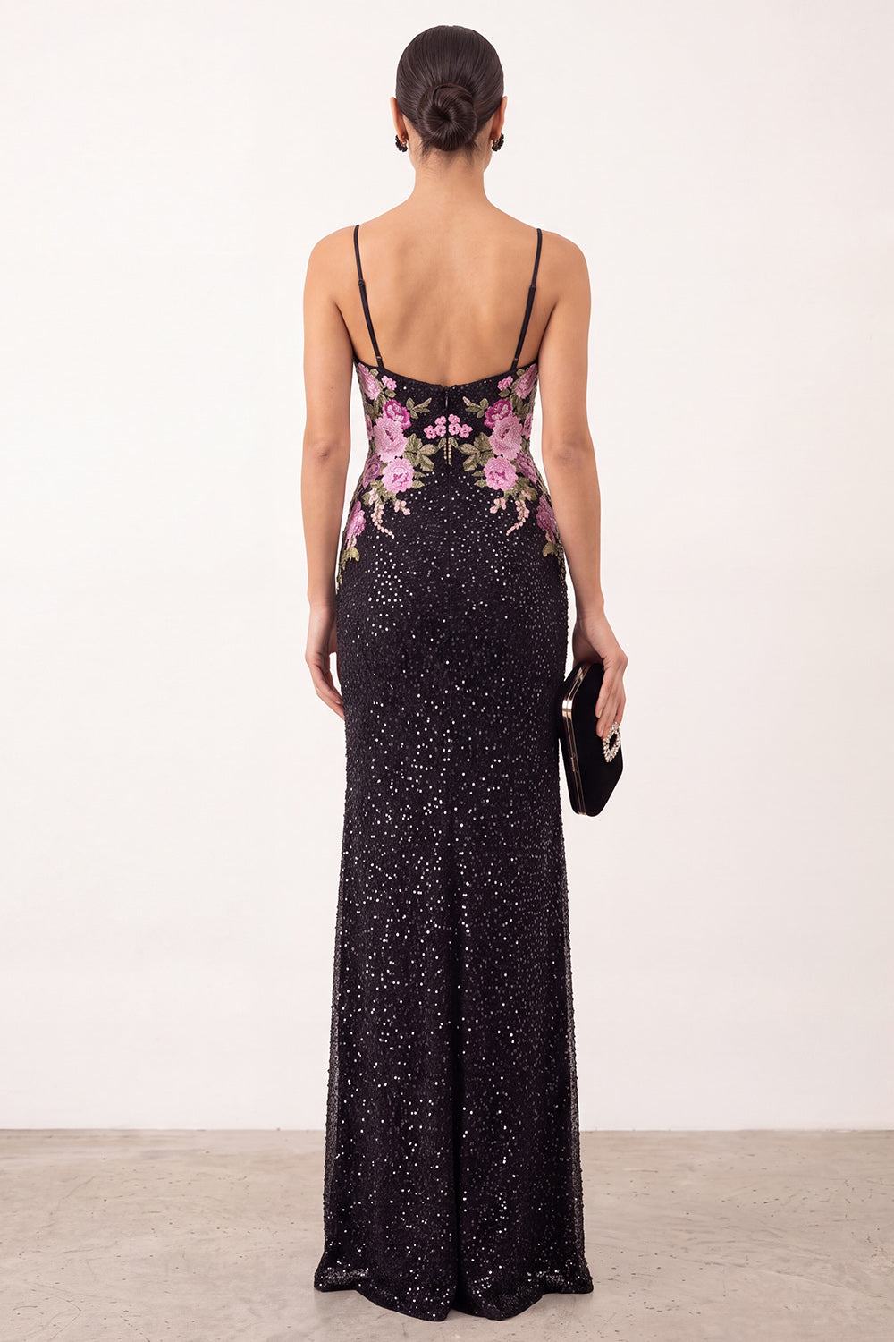 Sparkly Beaded Black Floral Sheath Long Holiday Party Dress with Slit