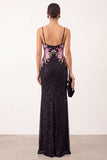 Sparkly Beaded Black Floral Sheath Long Holiday Party Dress with Slit