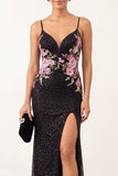Sparkly Beaded Black Floral Sheath Long Holiday Party Dress with Slit
