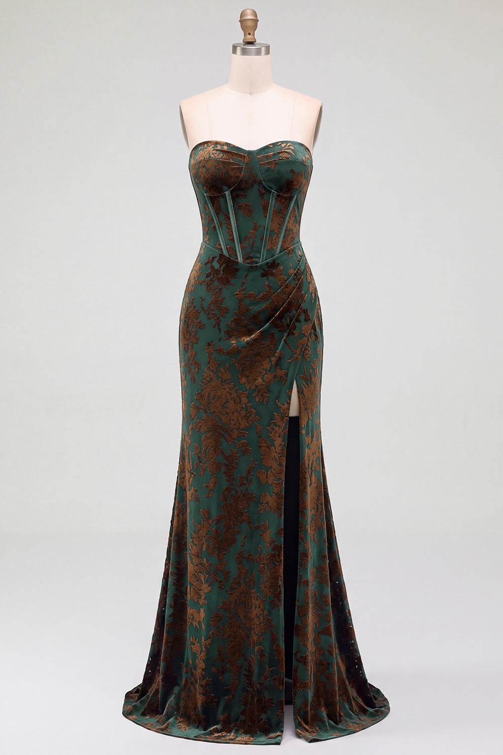 Dark Green Floral Corset Velvet Sweetheart Ruched Long Formal Dress with Slit