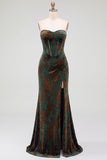 Dark Green Floral Corset Velvet Sweetheart Ruched Long Formal Dress with Slit