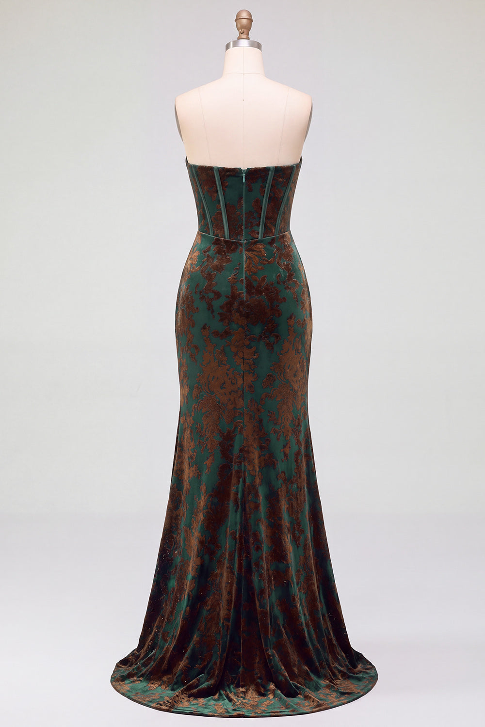 Dark Green Floral Corset Velvet Sweetheart Ruched Long Formal Dress with Slit