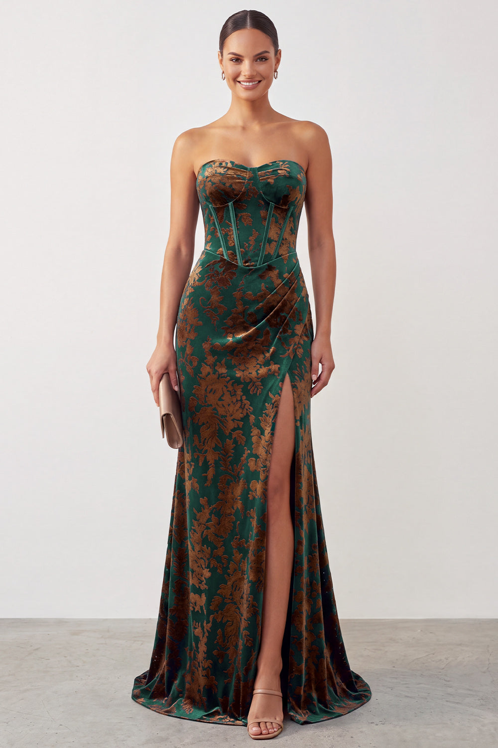Dark Green Floral Corset Velvet Sweetheart Ruched Long Formal Dress with Slit
