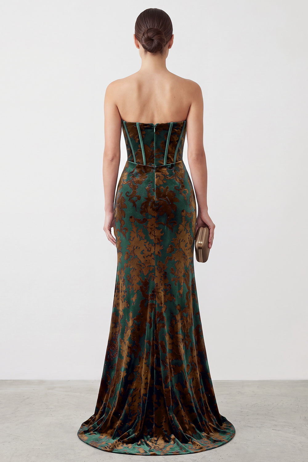 Dark Green Floral Corset Velvet Sweetheart Ruched Long Formal Dress with Slit