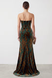 Dark Green Floral Corset Velvet Sweetheart Ruched Long Formal Dress with Slit