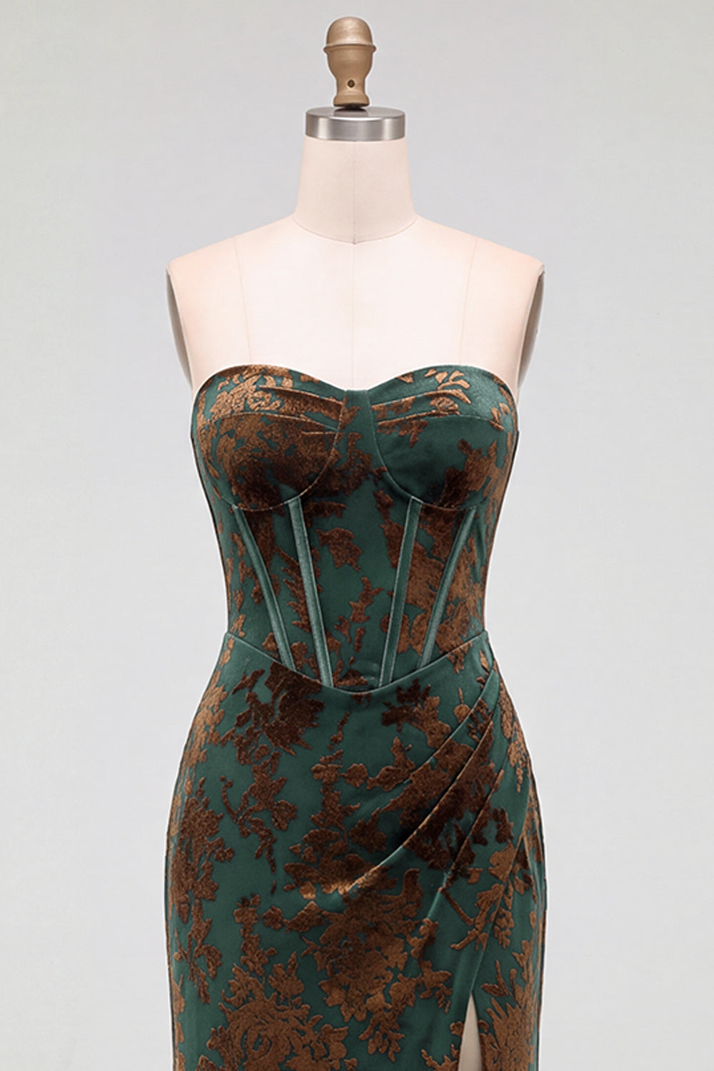 Dark Green Floral Corset Velvet Sweetheart Ruched Long Formal Dress with Slit