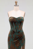 Dark Green Floral Corset Velvet Sweetheart Ruched Long Formal Dress with Slit