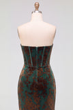 Dark Green Floral Corset Velvet Sweetheart Ruched Long Formal Dress with Slit