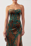 Dark Green Floral Corset Velvet Sweetheart Ruched Long Formal Dress with Slit